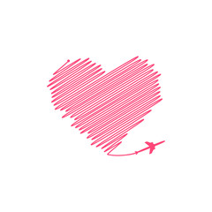 Plane and its track in the shape of a heart on white background. Vector illustration. Aircraft flight path and its route