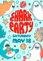 Naklejka premium Invitation childrens holiday. Cute shark, sea fish, baby illustration