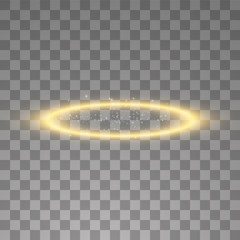 Gold halo angel ring. Isolated on black transparent background, vector illustration - obrazy, fototapety, plakaty