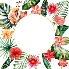 Watercolor bright summer illustration with tropical flowers