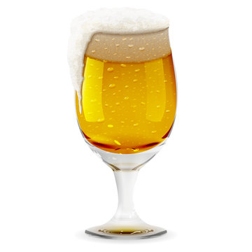 Vector realistic transparent glass with foamy beer. Alcohol drink glass icon illustration