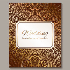 Wedding invitation card with bronze and gold shiny eastern and baroque rich foliage. Ornate islamic background for your design. Islam, Arabic, Indian, Dubai.