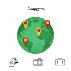 white background  with map of world and tourist equipment. passport, airplane ticket, camera photos, bag .. Summer vacation. tourism and journey. Trip plan. Flat design  illustration