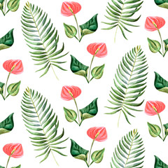 Fototapeta premium Watercolor bright summer illustration with tropical flowers