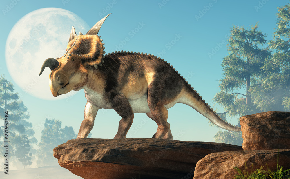 Poster an einiosaurus on a cliff in front of the moon. einiosaurus was a ceratopsian dinosaur, like the tri
