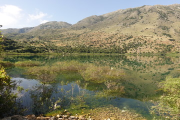 Fototapeta premium Photo from iconic natural lake of Kourna with amazing colours, Chania, Crete island, Greece