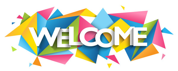 WELCOME typography banner on colorful triangles background