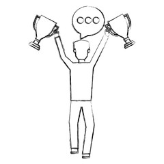 businessman with trophy cups and speech bubble