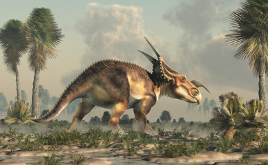 An Einiosaurus in a swampy lowland. Einiosaurus was a ceratopsian dinosaur, like the triceratops, from the Cretaceous period. 3D Rendering © Daniel Eskridge