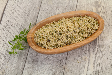Peeled hemp seeds in the bowl