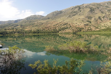 Fototapeta premium Photo from iconic natural lake of Kourna with amazing colours, Chania, Crete island, Greece