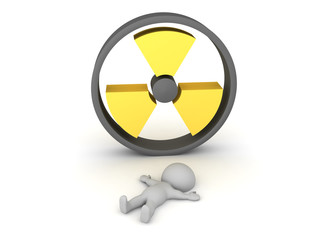 3D Character lying on floor in front of radioactive logo