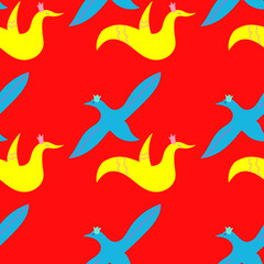 Colorful birds seamless pattern on red background. Folk motifs, doodles. Flying blue, yellow birds in crowns. Cute cartoon characters for summer print, fashion, fabric, textile, cover, surface, design