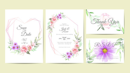 Elegant Wedding Invitation Template Set of Watercolor Floral Frame. Hand Drawing Flower and Branches Save the Date, Greeting, Thank You, and RSVP Cards Multipurpose