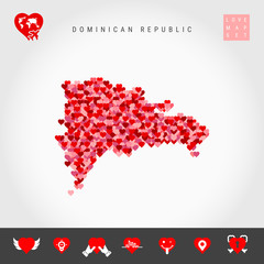 I Love Dominican Republic. Red and Pink Hearts Pattern Vector Map of Dominican Republic Isolated on Grey Background. Love Icon Set.