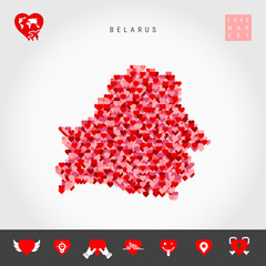 I Love Belarus. Red and Pink Hearts Pattern Vector Map of Belarus Isolated on Grey Background. Love Icon Set.