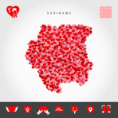 I Love Suriname. Red and Pink Hearts Pattern Vector Map of Suriname Isolated on Grey Background. Love Icon Set.