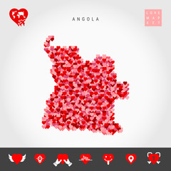 I Love Angola. Red and Pink Hearts Pattern Vector Map of Angola Isolated on Grey Background. Love Icon Set.