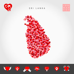 I Love Sri Lanka. Red and Pink Hearts Pattern Vector Map of Sri Lanka Isolated on Grey Background. Love Icon Set.