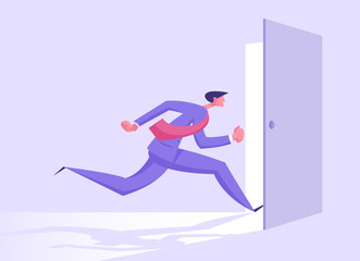 Business Man in Formal Suit Running into Open Door Entrance or Run Out of Exit, Businessman New Opportunity, Escape, Challenge, Success, Right Solution, Future Concept Cartoon Flat Vector Illustration