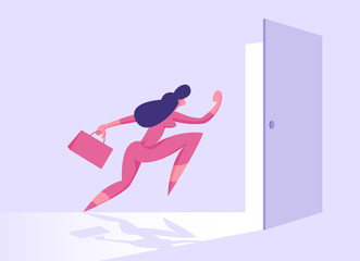 Business Woman with Briefcase Running into Open Door Entrance or Exit, Businesswoman New Opportunity, Way, Escape, Success and Career Growth, Right Solution Concept Cartoon Flat Vector Illustration