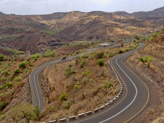 Winding road in mountainous landscape in northern Ethiopia