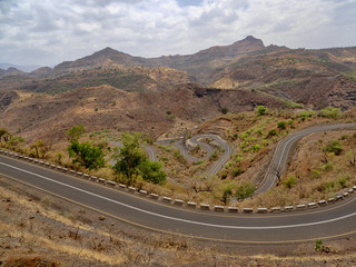 Winding road in mountainous landscape in northern Ethiopia