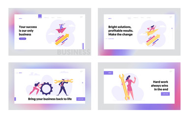 Business People Flying by Paper Pane, Holding Wrench and Cogwheel Website Landing Page Set. Success, Business Competition, Solution, Goal Achievement Web Page. Cartoon Flat Vector Illustration, Banner