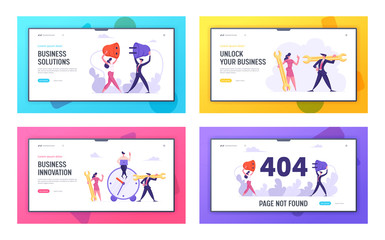 Obraz na płótnie Canvas Business Innovation, Solution, 404 Error Website Landing Page Set, Time Management, Teamwork Business People with Socket, Plug and Wrench, Web Page not Found, Cartoon Flat Vector Illustration, Banner