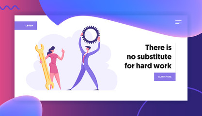 Business People Teamwork Characters. Businessman with Gear and Businesswoman with Wrench. Technical Mechanic Manager Employees Website Landing Page, Web Page. Cartoon Flat Vector Illustration, Banner