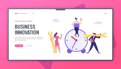 Time Management Concept, Man Woman Business People with Wrench near Huge Alarm Clock. Teamwork Brainstorming, Business Solution Website Landing Page, Web Page. Cartoon Flat Vector Illustration, Banner