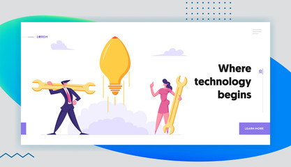 Business People Characters Launch Light Bulb Rocket Start Up. Man and Woman with Wrench Creative Idea Technical Support Service Website Landing Page, Web Page. Cartoon Flat Vector Illustration, Banner