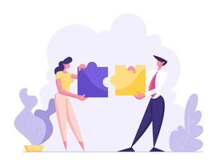 Office People Work Together Setting Up Colorful Separated Puzzle Pieces. Businesspeople in Coworking Place Teamwork, Cooperation, Collective Work, Partnership Concept, Cartoon Flat Vector Illustration