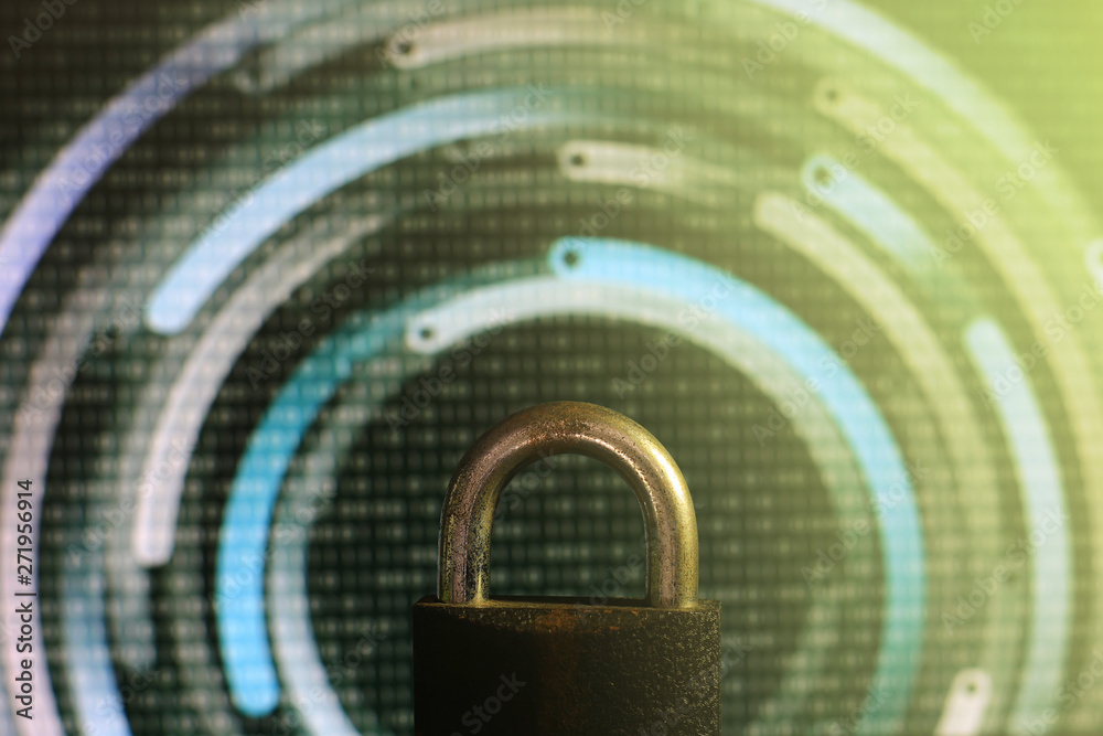 Poster closed padlock in front of green matrix and circular lines background. cyber and computer security c