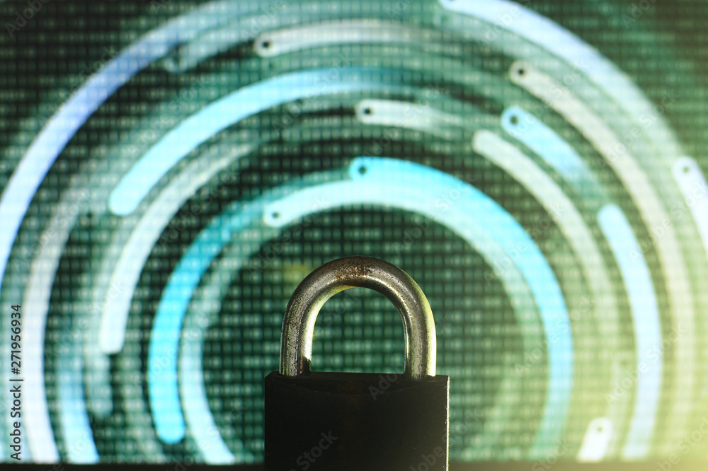 Poster closed padlock in front of green matrix and circular lines background. cyber and computer security c