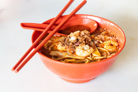 Penang simple authentic prawn mee or noodle with shrimps