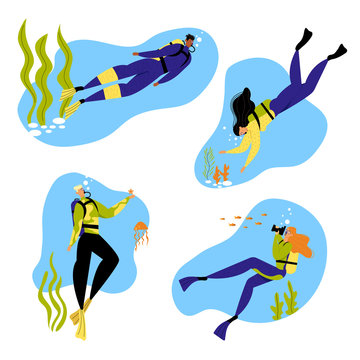 Snorkeling Male and Female Characters Underwater Fun Activities, Hobby, Swimming, Photographing, Scuba Diving, Spear Fishing Equipment Mask, Tube, Flippers, Swim Suit. Cartoon Flat Vector Illustration