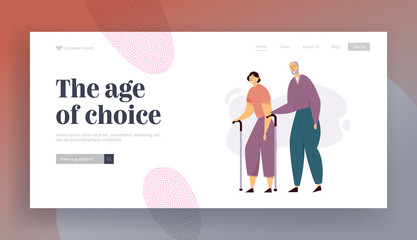 Aged People Couple Walking with Sticks. Senior Man and Woman Characters Happy Together. Elderly People, Old Age Life Concept Website Landing Page, Web Page. Cartoon Flat Vector Illustration, Banner