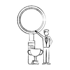 trophy cup with businessman and magnifying glass