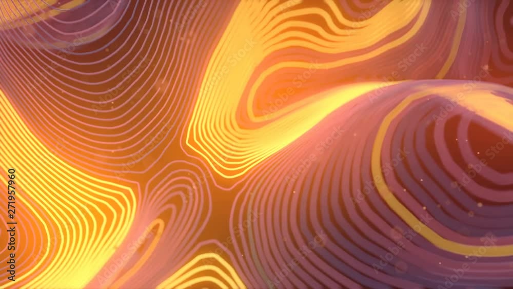 Aufkleber Colored abstract background with bright particles. Deformed wavy wires with motion glowing elements. Depth of field. 3D render loop animation. 4K, Ultra HD resolution.