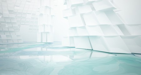 Abstract white and blue water parametric interior with window. 3D illustration and rendering.