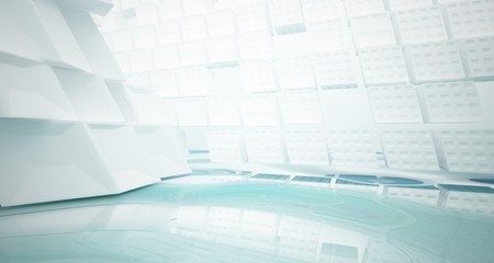 Obraz premium Abstract white and blue water parametric interior with window. 3D illustration and rendering.