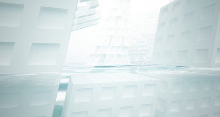 Abstract white and blue water parametric interior with window. 3D illustration and rendering.