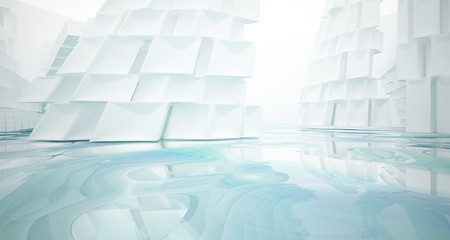 Abstract white and blue water parametric interior with window. 3D illustration and rendering.