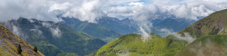 French landscape - Les Ecrins. Panoramic view over the peaks of Les Ecrins nearby Grenoble.