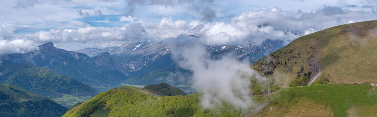 French landscape - Les Ecrins. Panoramic view over the peaks of Les Ecrins nearby Grenoble.