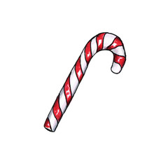 Christmas or New Year green candy cane isolated illustration. Freehand sweets food decor for winter holidays on white background