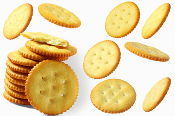 Top view of round salted snack cracker cookie isolated on white background
