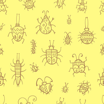 Seamless pattern with cute cartoon beetles on yellow  background. Various insects and bugs. Vector contour image. Doodle style.