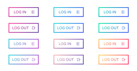 log in log out web buttons set. outline ui web buttons in flat style. rectangular vector buttons on trendy gradients with icons for web and ui design